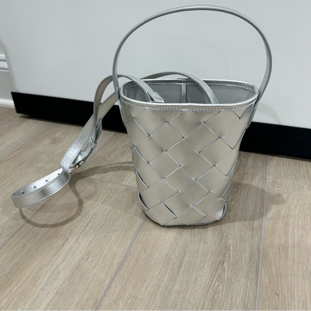 NWOT J. CREW cow leather woven bucket bag silver
